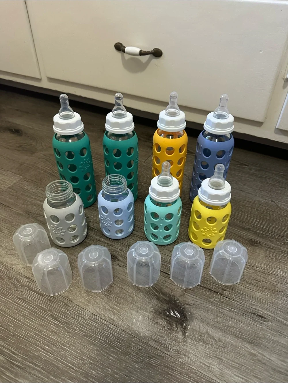 Silicone set Sleeve Glass Baby Bottle - Teal, Mint, Yellow, Gray, Blue - Picture 2 of 8